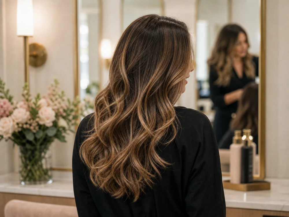 Resultado de coloração balayage e corte de cabelo com ondas naturais