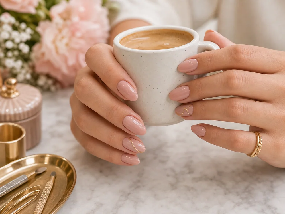 Manicure gel nude rosada com detalhe de nail art dourado